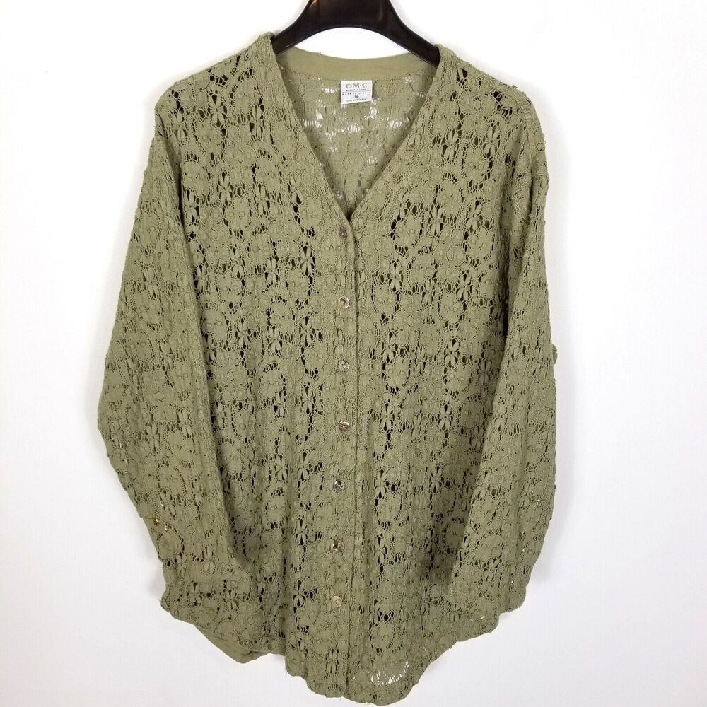 CMC Color Me Cotton Women Lace Button Up Blouse Top Size M Olive Green‎